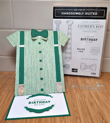 Rhapsody in craft, Shaded Spruce, Handsomely Suited, Suit & Tie Dies, Label Me Lovely Punch, Story Label Punch, Forever Greenery DSP, Birthday Card, Male Card, Fancy Fold, Easel Card, Stampin' Up, #colourcreationsshowcase,#loveitchopit