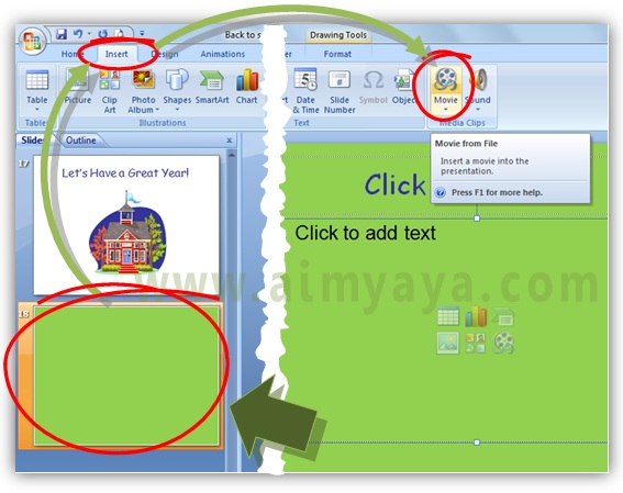  Gambar:  Cara Menambah video klip ke slide presentasi microsoft powerpoint melalui ribbon Insert