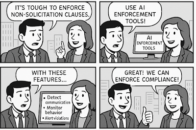 A four-panel black-and-white comic strip showing two coworkers discussing AI tools for enforcing non-solicitation clauses. Panel 1: A concerned man says, “It’s tough to enforce non-solicitation clauses.” Panel 2: The woman responds, “Use AI enforcement tools!” with a screen showing "AI ENFORCEMENT TOOLS." Panel 3: The man points to a list on the screen: “Detect communication, Monitor behavior, Alert violations.” Panel 4: He gives a thumbs-up and says, “Great! We can enforce compliance!” as both smile confidently.