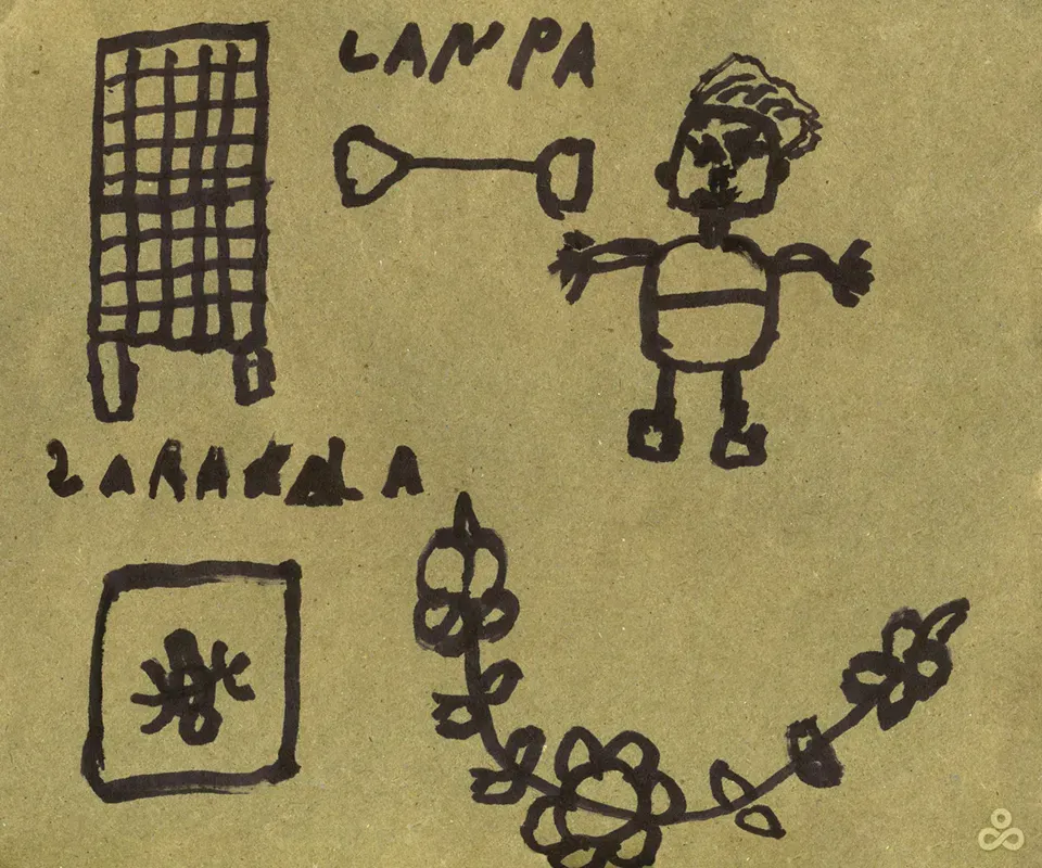 Dibujos realizados por uno de los participantes del taller de creatividad en la comuna de Juan Montalvo a cargo de Mauro Rojas, como parte de los desarrollos del proyecto ONOFFON™, producido por Eonminu®.