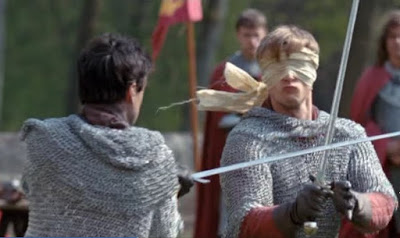 Merlin The Tears of Uther Pendragon screencaps images photos pictures screengrabs Arthur Bradley James sword fighting blindfold chainmail