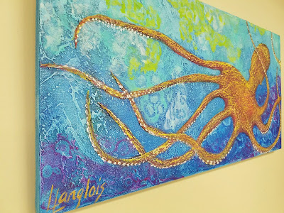orange coastal art octopus painting, beachy colorful