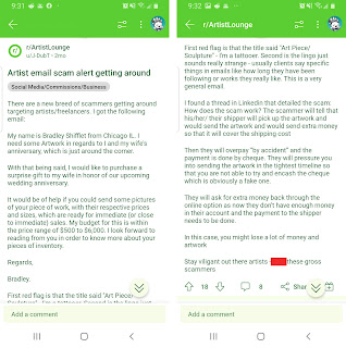 Screenshots from a thread on Reddit about an overpayment email scam targeting artists.