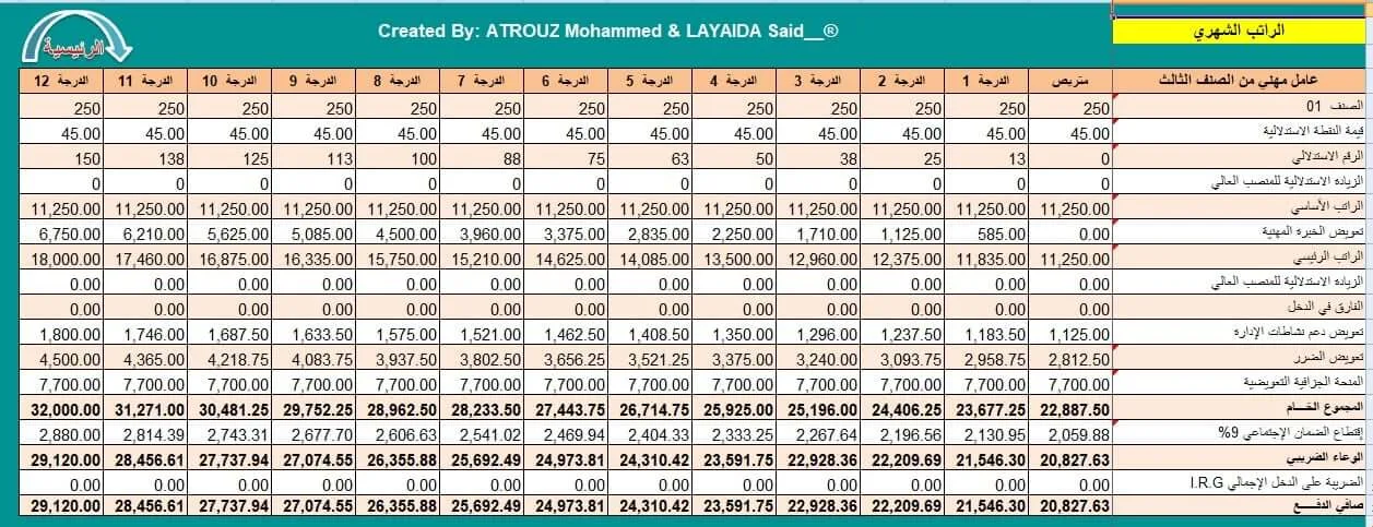 رواتب العمال المهنيين (بالصنف وبالمستوى) حسب النقطة الاستدلالية الجديدة 2022