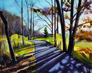 An acrylic painting of trees at Walton Woods in autumn