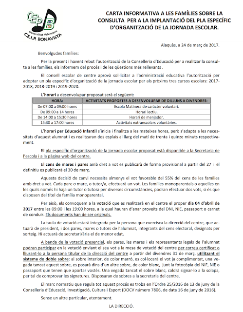 carta a familias consulta implantacion jornada continua colegio ceip bonavista alaquas