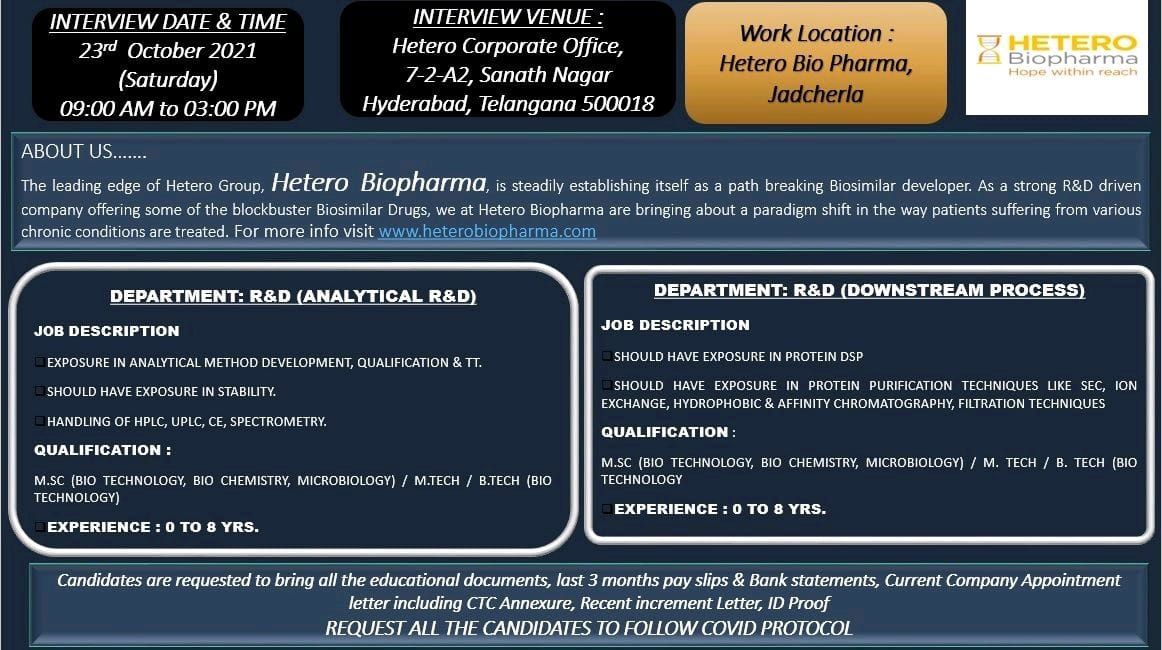 Job Availables,Hetero Biopharma Job Vacancy For  M.Sc(Bio Technology, Bio Chemistry, Microbiology) / M.Tech / B.Tech(Bio Technology)