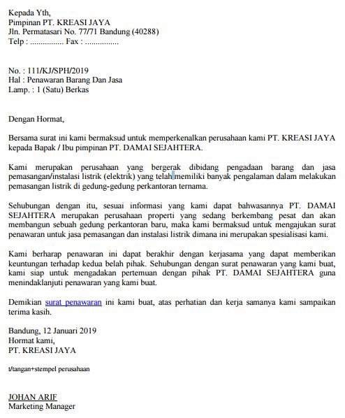 Contoh Surat Penawaran Barang dan Jasa Perusahaan Kepada 