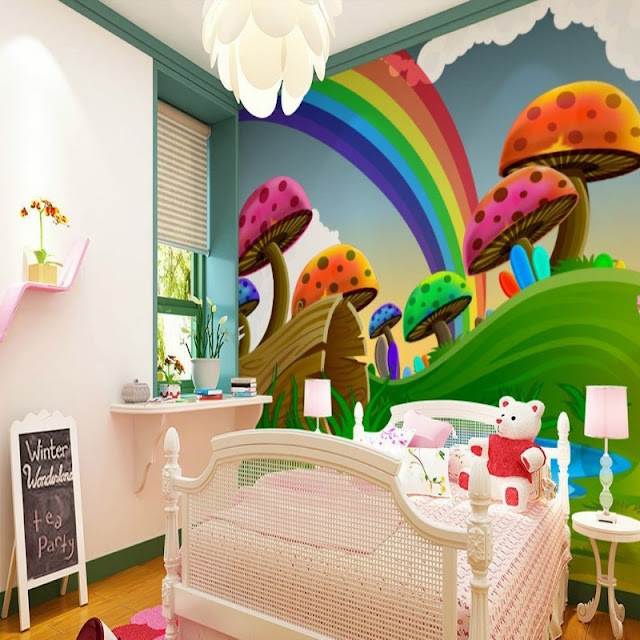 Rainbow wall mural Wallpaper rainbow murals for walls cute rainbow mushroom cartoon childrens room 3D wall girls baby bedroom