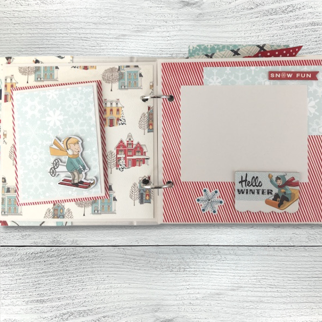 Retro Winter Fun Scrapbook Album page with houses, kids sledding, and skiing