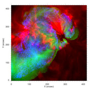 This false-color temperature map shows solar active region AR10923, observed close to center of the sun's disk