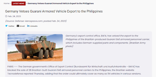 Philippine Army, Elbit Systems Ltd., Arms Embargo, Germany, VBTP-MR Guarani, IVECO Systems, Brazil