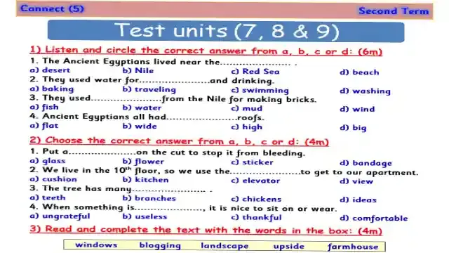 اجمل امتحان لغة انجليزية على الوحدات 7-8-9 للصف الخامس الابتدائى كونكت 5 الترم الثانى 2024