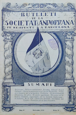 N.º 12 do Butlletí de la Societat Andorrana de Residents a Barcelona, que ilustra a bandeira andorrana (imagem disponível na Brevíssima història de la premsa andorrana, de Alba Doral).