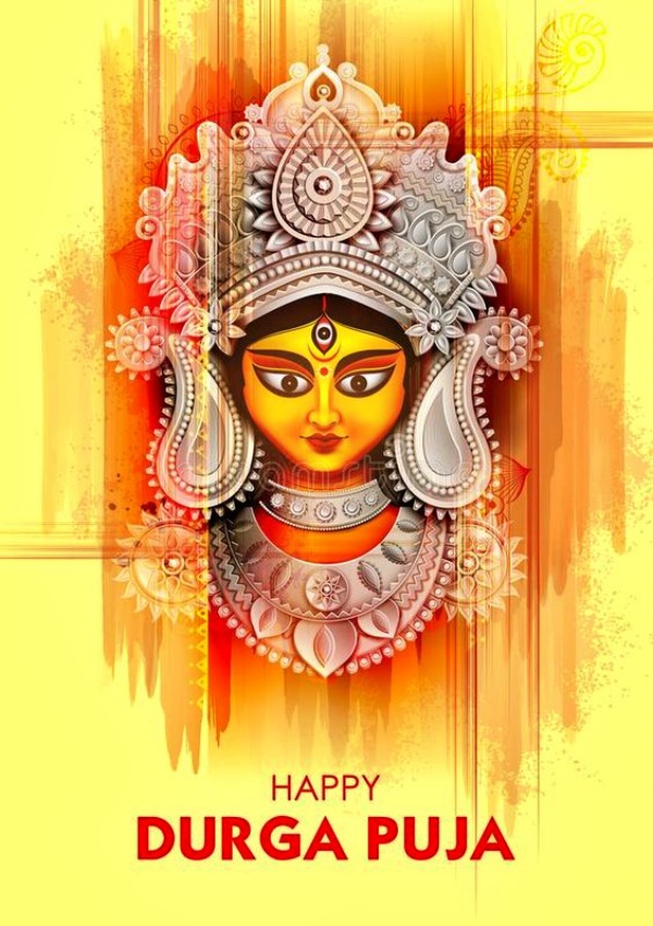 Goddess Durga Face in Happy Durga Puja Greetings, Subh Navratri Background