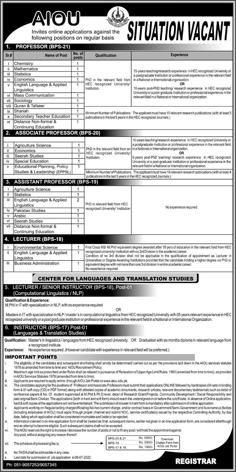 AIOU Jobs 2022 Professors, Associate Professors, Assistant Professors, Assistant Professors