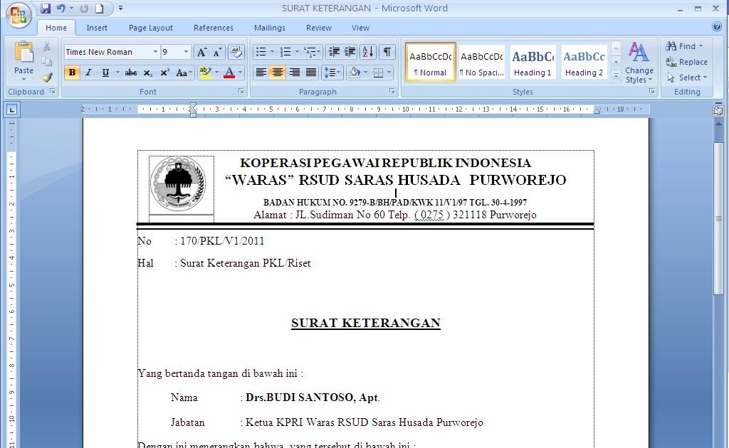 Contoh Surat Keterangan PKL/Riset  contoh surat dan 