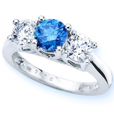 ... White Gold Round 3 Stone Blue Diamond and White Diamond Ring (1 cttw