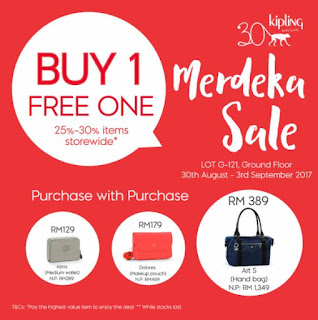 Kipling Merdeka Sale Buy 1 Free 1 Promotion at Design Village Penang (30 August - 3 September 2017)