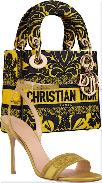 ♦Yellow Lady DIOR D-Lite bag with multicolor ornamental embroidery & DIOR Dway embroidered satin and cotton heeled sandal #dior #shoes #bags #yellow #brilliantluxury