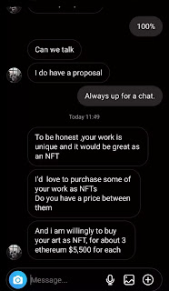 A screenshot of a conversation on social media where a scammer is attempting to get an artist to pay money to upload their art as an NFT.