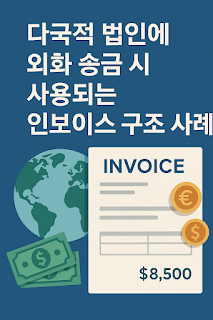 다국적 법인의 외화 송금을 설명하는 인보이스 그림과 지구본, 달러 및 유로 아이콘이 함께 포함된 청록색 테마의 인포그래픽 스타일 일러스트.