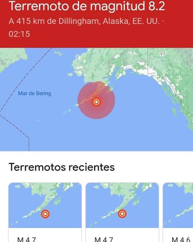 Fuerte sismo de magnitud 8,2 que sacudió la costa de Alaska.