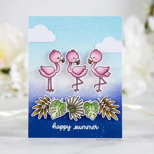 Sunny Studio Stamps: Fabulous Flamingos Frilly Frames Stripes Dies Fluffy Clouds Birthday Card Summer Themed Card by Keeway Tsao