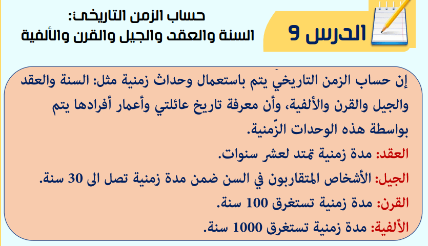 ملخص درس حساب الزمن التاريخي : السنة و العقد و الجيل و القرن و الألفية