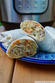 image of a blue plate of mu shu pork rolls with an Instant Pot in the background.