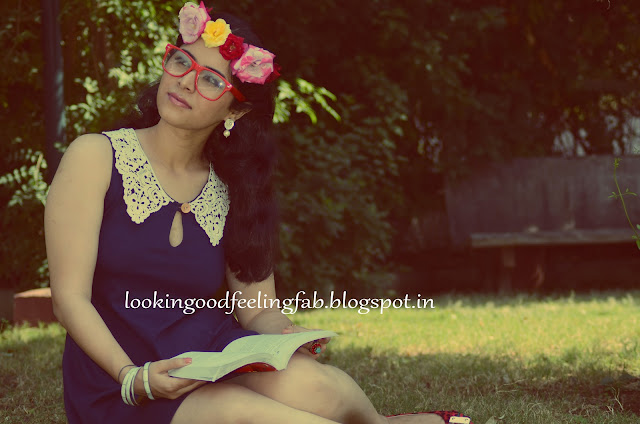 red frames, retro dress, lace, roses