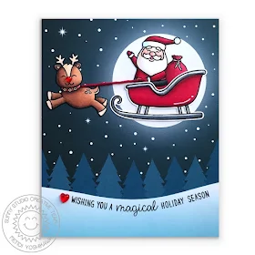 Sunny Studio Stamps: Santa in Sleigh with Rudolph Reindeer with Glowing Moon Holiday Christmas Card (using Gleeful Reindeer & Santa Claus Lane Stamps & Very Merry 6x6 Paper)