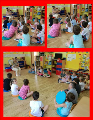 Czerwone tło 3 zdjęcia sala w przedszkolu dzieci siedzą na podłodze pani siedzi na krzesełku i pokazuje im książkę