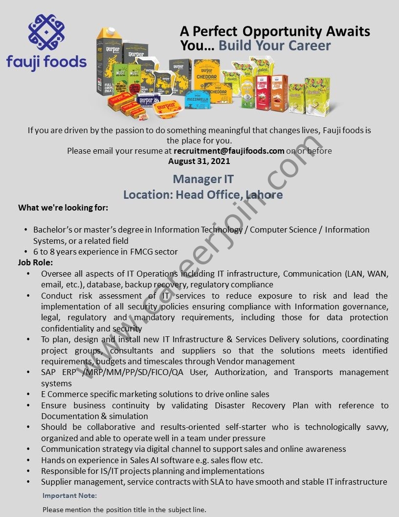 Fauji Foods Limited Jobs Manager IT