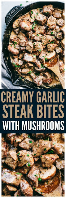 Steak Recipes, garlic steak, creamy garlic steak with mushrooms