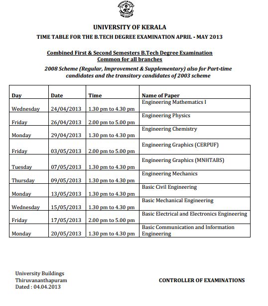 Kerala University B.tech Combined First and Second Semester Exam Time Table April-May 2013