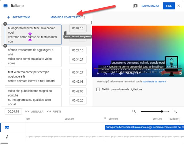 editare i sottotitoli su Youtube