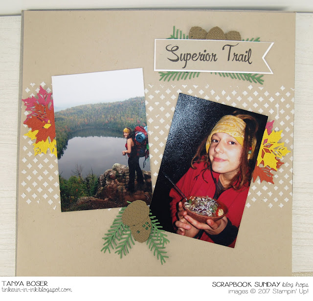 Embossing Paste, Pattern Party mask, Pretty Pines and Seasonal Layers thinlits, with Brushwork Alpha stamp set- all from Stampin' Up! This is the first Scrapbooking Sunday blog hop!~Tanya Boser