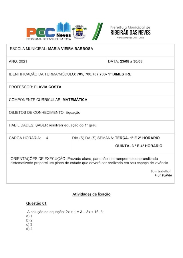 ATIVIDADES DE FIXAÇÃO - 23/08 A 28/08- EQUAÇÃO- MATEMÁTICA- FLÁVIA