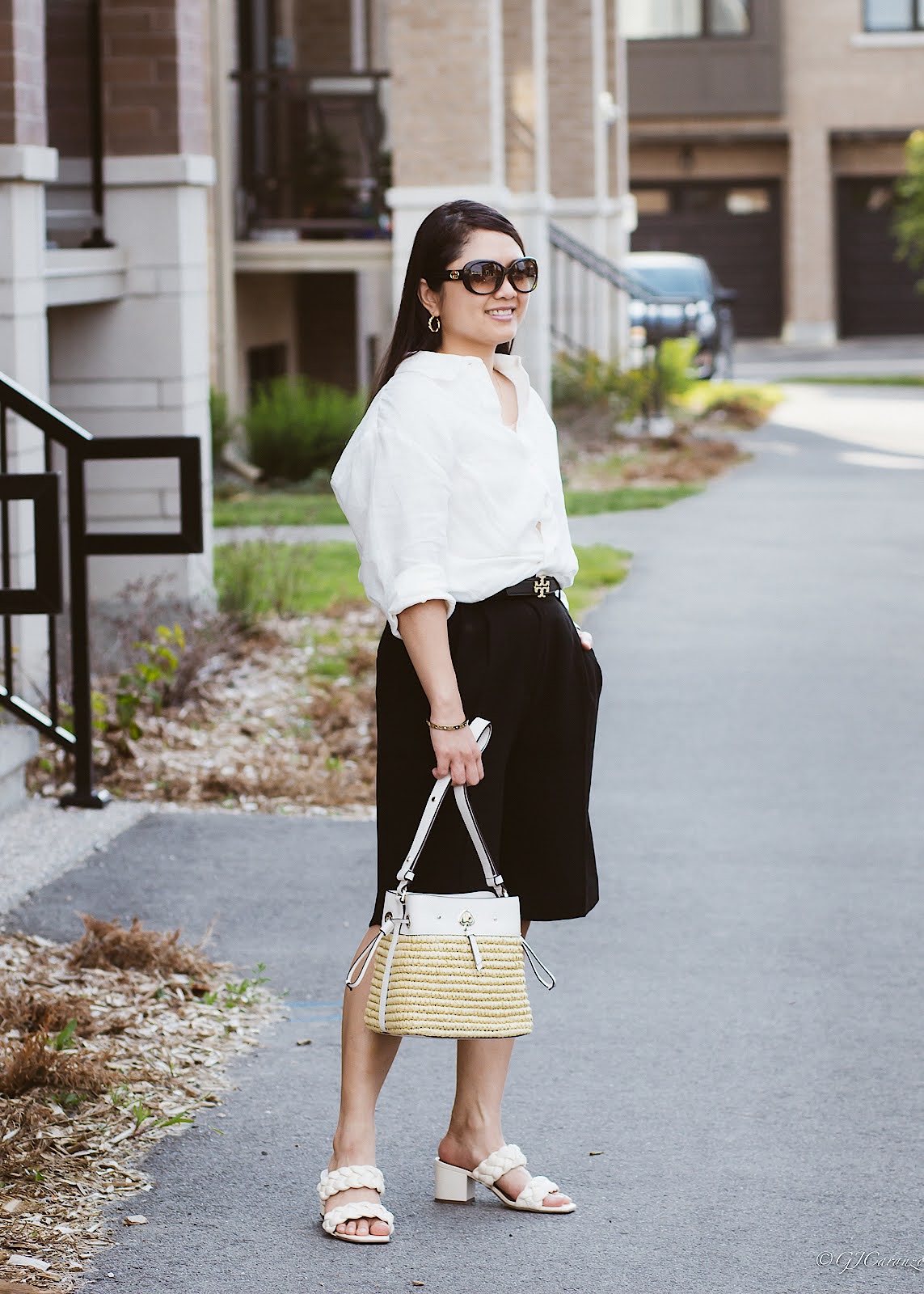 Mango Linen Long Sleeve Shirt | H&M Bermuda Shorts | Walmart Sandals | Tory Burch Belt | Kate Spade Bucket Bag | Gucci Sunglasses | Petite Summer Look