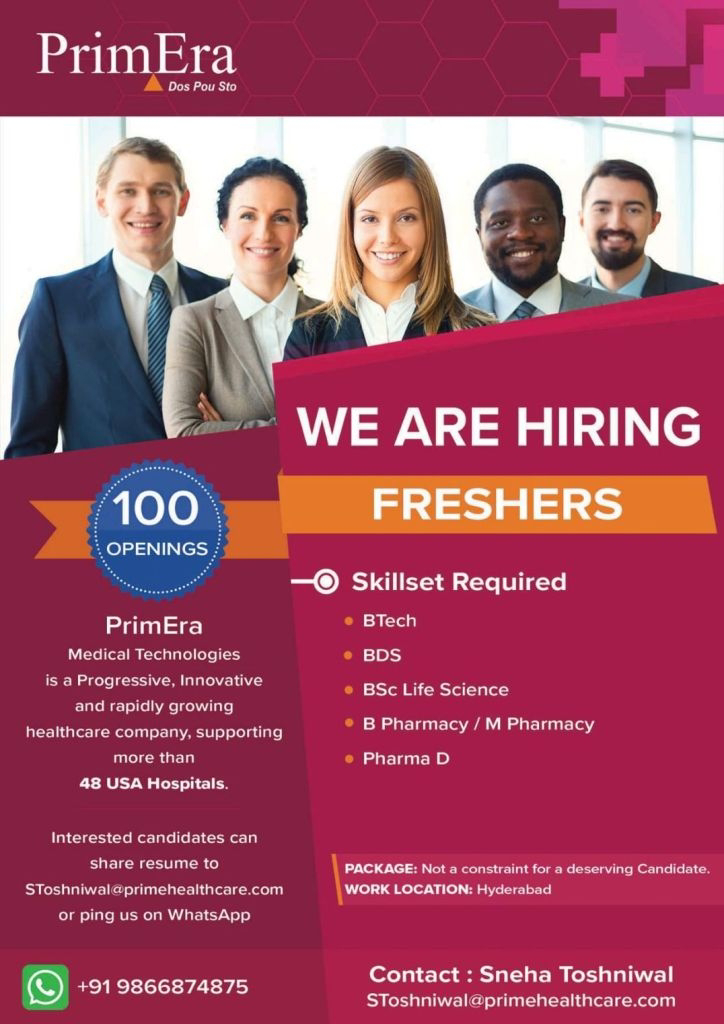 Job Availables, PrimEra Job Vacancy For  BTech/BDS/BSc Life Science/ B Pharmacy / M Pharmacy