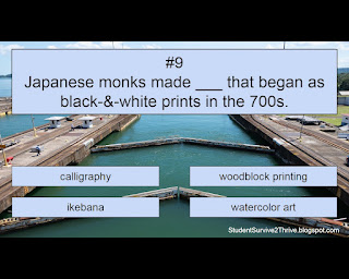 Japanese monks made ___ that began as black-&-white prints in the 700s. Answer choices include: calligraphy, woodblock printing, ikebana, watercolor art