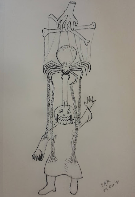 Cartoon of a severed hand working a spider marionette which in turn is working a jack-o-lantern man marionette.