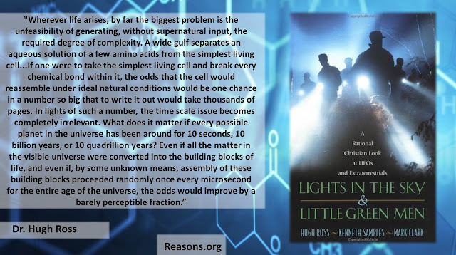 Quote from "Lights in the Sky and Little Green Men" by Hugh Ross, Mark Clark, and Kenneth (Ken) Samples- "Wherever life arises, by far the biggest problem is the unfeasibility of generating, without supernatural input, the requried degree of complexity. A wide gulf separates an aqueous solution of a few amino acids from the simplest living cell...If one were to take the simplest living cell and break every chemical bond within it, the odds that the cell would reassemble under ideal natural conditions would be one chance in a number so big that to write it out would take thousands of pages. In lights of such a number, the time scale issue becomes completely irrelevant. What does it matter if every possible planet in the universe has been around for 10 seconds, 10 billion years, or 10 quadrillion years? Even if all the matter in the visible universe were converted into the building blocks of life, and even if, by some unknown means, assembly of these building blocks proceeded randomly once every microsecond for the entire age of the universe, the odds would improve by a barely perceptible fraction." (Aliens, UFOs, New Age, Occult, Science)