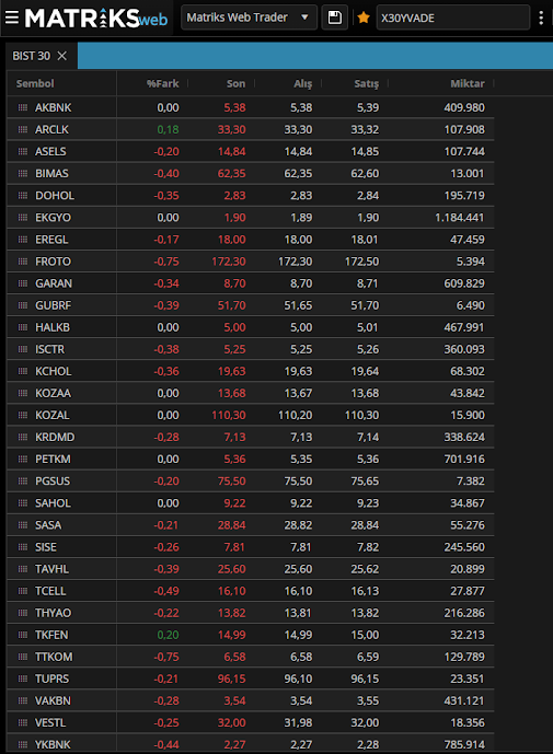 Matriks Web Trader Fiyat Penceresi