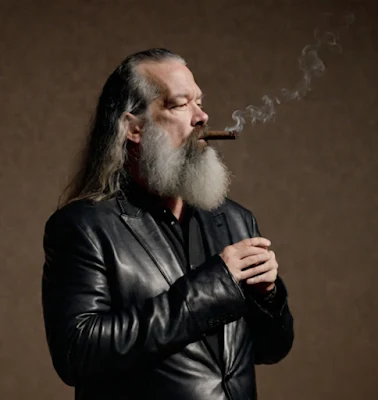A view of Rick Rubin holding his hands together wearing a black leather blazer and smoking a cigar