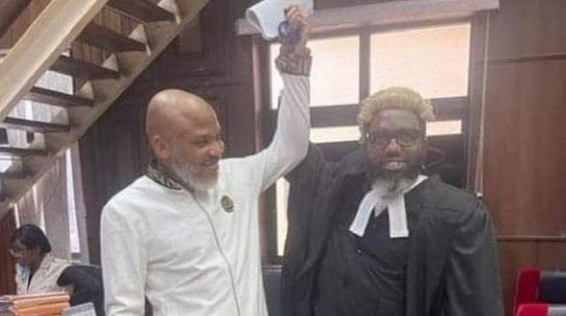 Alt: = "Nnamdi Kanu and his lawyer inside court room"