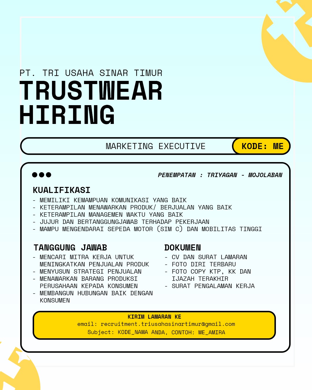 Loker PT Tri Usaha Sinar Timur Sukoharjo Operator QC, Marketing Executive, Admin Kantor, dll