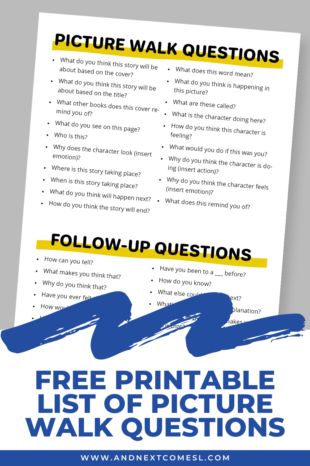 Free printable list of sample questions to ask when doing a picture walk with kids