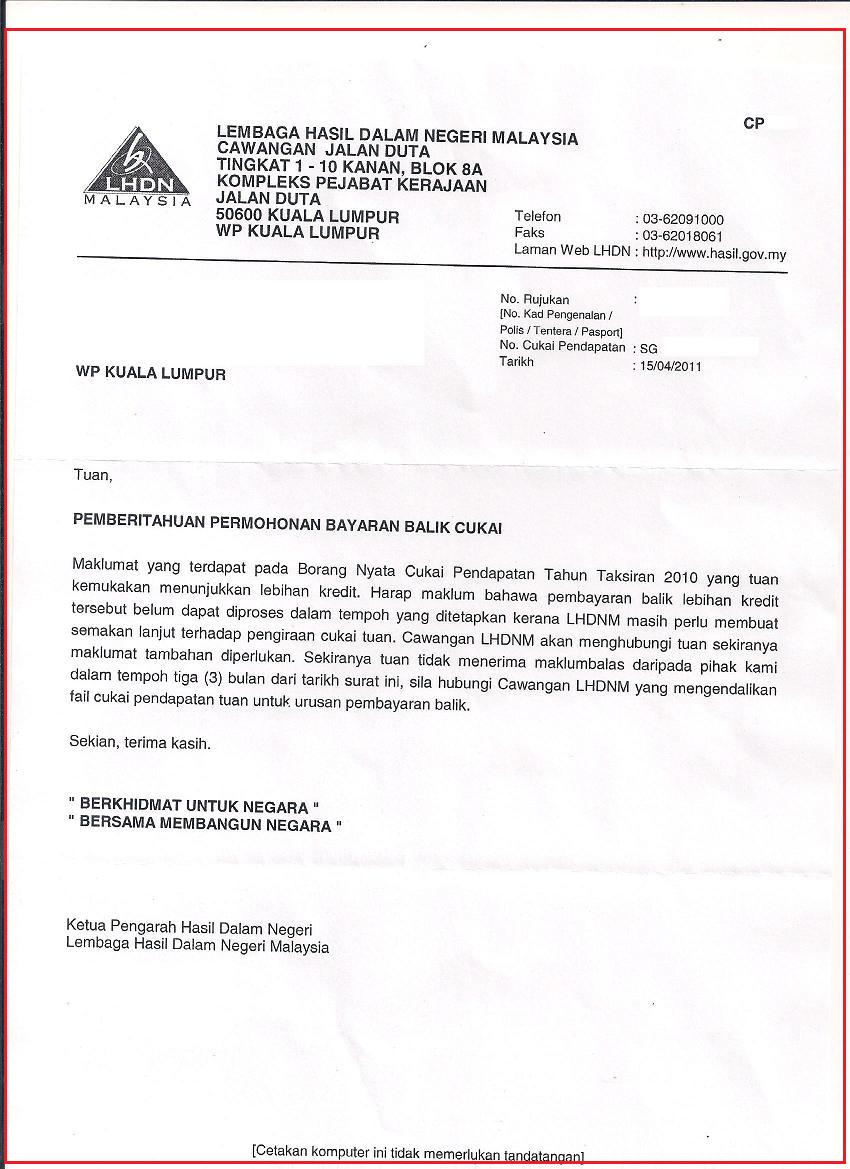 Contoh Surat Pindaan Taksiran Borang